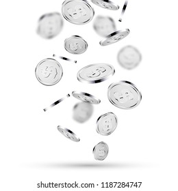 Silver coins falling on white. 3d silver money isolated coins background concept for business.