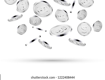 Silver coins falling on white. 3d silver money isolated coins background concept for business.