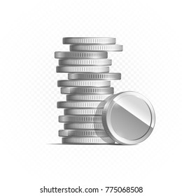 Silver coins isolated on transparent in different positions