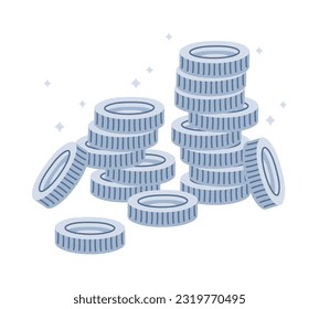 Silver coins pile. Cartoon silver coins stack, precious casino success concept flat vector background illustration