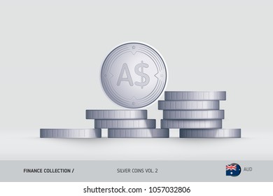 Silver coins. Realistic Australian Dollar coin standing on stacked coins. Finance concept for websites, web design, mobile app, infographics.