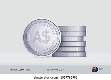 Silver coins. Realistic Australian Dollar coin standing near of stacked coins. Finance concept for websites, web design, mobile app, infographics.