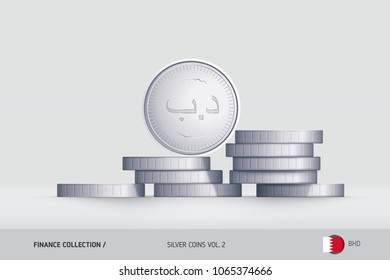 Silver coins. Realistic Bahraini Dinar coin standing on stacked coins. Finance concept for websites, web design, mobile app, infographics.