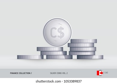 Silver coins. Realistic Canadian Dollar coin standing on stacked coins. Finance concept for websites, web design, mobile app, infographics.