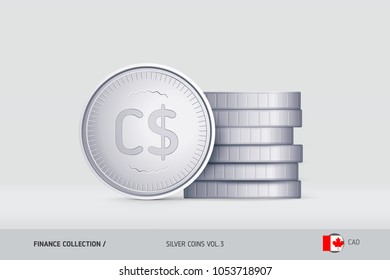 Silver coins. Realistic Canadian Dollar coin standing near of stacked coins. Finance concept for websites, web design, mobile app, infographics.