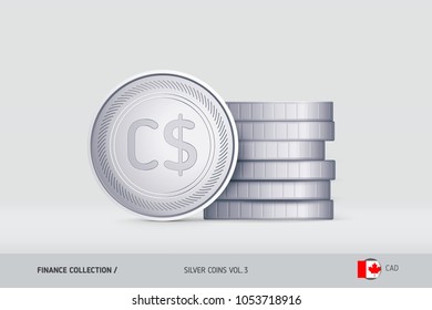 Silver coins. Realistic Canadian Dollar coin standing near of stacked coins. Finance concept for websites, web design, mobile app, infographics.