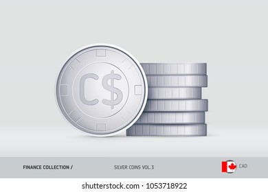 Silver coins. Realistic Canadian Dollar coin standing near of stacked coins. Finance concept for websites, web design, mobile app, infographics.