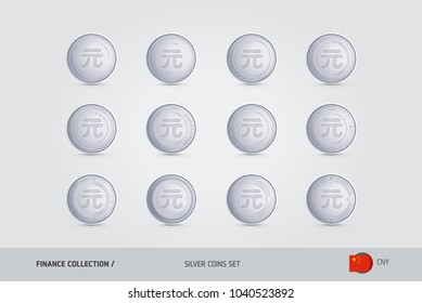Silver coins. Realistic silver Chinese Yuan coins set. Isolated objects on background. Finance concept for websites, web design, mobile app, infographics.