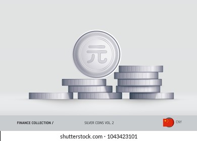 Silver coins. Realistic Chinese Yuan coin standing on stacked coins. Finance concept for websites, web design, mobile app, infographics.
