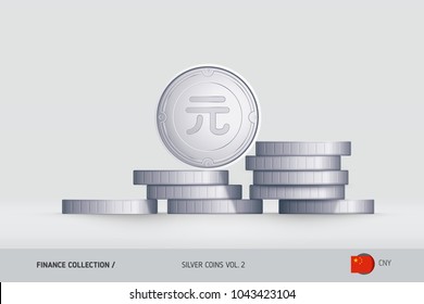 Silver coins. Realistic Chinese Yuan coin standing on stacked coins. Finance concept for websites, web design, mobile app, infographics.