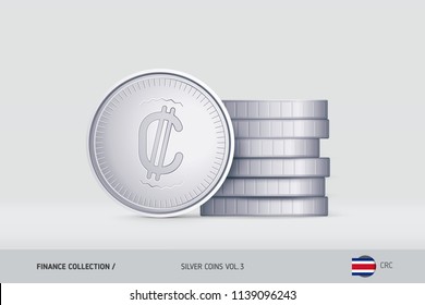 Silver coins. Realistic Costa Rican Colon coin standing near of stacked coins. Finance concept for websites, web design, mobile app, infographics.