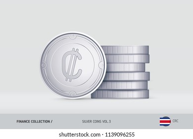 Silver coins. Realistic Costa Rican Colon coin standing near of stacked coins. Finance concept for websites, web design, mobile app, infographics.