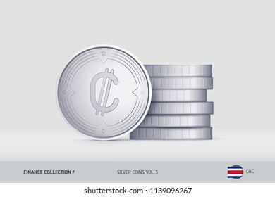 Silver coins. Realistic Costa Rican Colon coin standing near of stacked coins. Finance concept for websites, web design, mobile app, infographics.