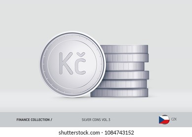 Silver coins. Realistic Czech Koruna coin standing near of stacked coins. Finance concept for websites, web design, mobile app, infographics.