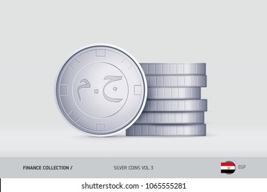 Silver coins. Realistic Egyptian Pound coin standing near of stacked coins. Finance concept for websites, web design, mobile app, infographics.