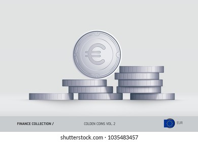 Silver coins. Realistic Euro coin standing on stacked coins. Finance concept for websites, web design, mobile app, infographics.