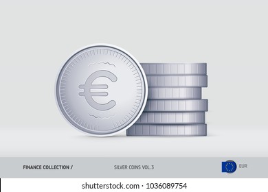 Silver coins. Realistic Euro coin standing near of stacked coins. Finance concept for websites, web design, mobile app, infographics.