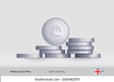 Silver coins. Realistic Georgian Lari coin standing on stacked coins. Finance concept for websites, web design, mobile app, infographics.