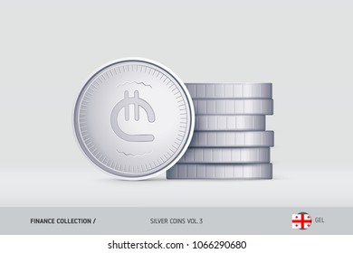 Silver coins. Realistic Georgian Lari coin standing near of stacked coins. Finance concept for websites, web design, mobile app, infographics.
