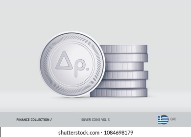 Silver coins. Realistic Greek Drachma coin standing near of stacked coins. Finance concept for websites, web design, mobile app, infographics.