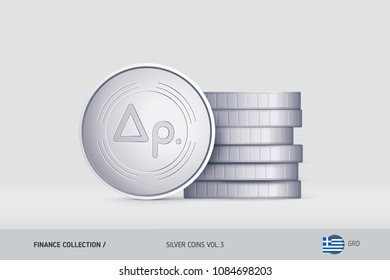Silver coins. Realistic Greek Drachma coin standing near of stacked coins. Finance concept for websites, web design, mobile app, infographics.