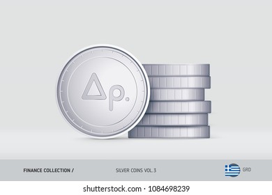 Silver coins. Realistic Greek Drachma coin standing near of stacked coins. Finance concept for websites, web design, mobile app, infographics.