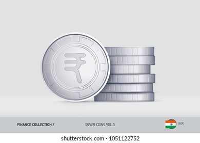 Silver coins. Realistic Indian Rupee coin standing near of stacked coins. Finance concept for websites, web design, mobile app, infographics.