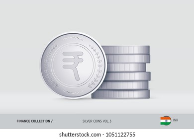 Silver coins. Realistic Indian Rupee coin standing near of stacked coins. Finance concept for websites, web design, mobile app, infographics.
