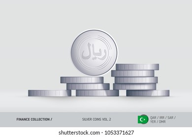 Silver coins. Realistic Islamic Rial coin standing near of stacked coins. Finance concept for websites, web design, mobile app, infographics.