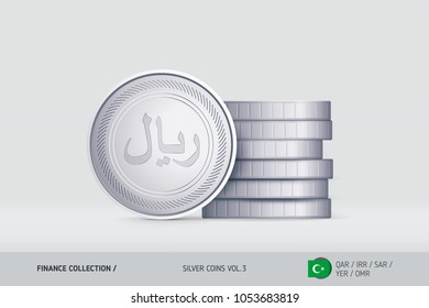 Silver coins. Realistic Islamic Rial coin standing near of stacked coins. Finance concept for websites, web design, mobile app, infographics.