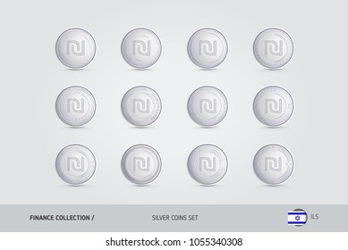 Silver coins. Realistic silver Israeli New Shekel coins set. Isolated objects on background. Finance concept for websites, web design, mobile app, infographics.