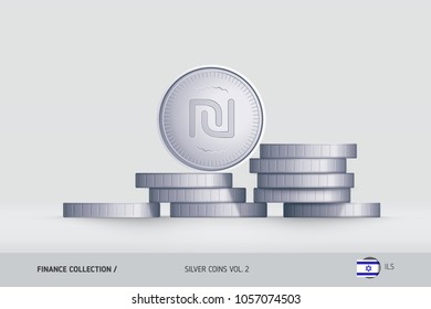 Silver coins. Realistic Israeli New Shekel coin standing on stacked coins. Finance concept for websites, web design, mobile app, infographics.