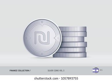 Silver coins. Realistic Israeli New Shekel coin standing near of stacked coins. Finance concept for websites, web design, mobile app, infographics.