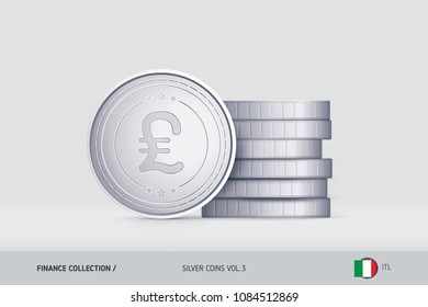 Silver coins. Realistic Italian Lira coin standing near of stacked coins. Finance concept for websites, web design, mobile app, infographics.
