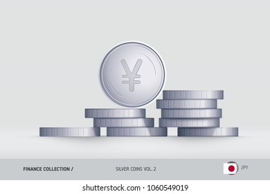 Silver coins. Realistic Japanese Yen coin standing on stacked coins. Finance concept for websites, web design, mobile app, infographics.