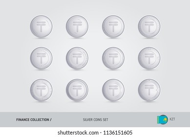 Silver coins. Realistic silver Kazakhstani tenge coins set. Isolated objects on background. Finance concept for websites, web design, mobile app, infographics.