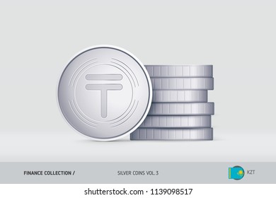 Silver coins. Realistic Kazakhstani Tenge coin standing near of stacked coins. Finance concept for websites, web design, mobile app, infographics.
