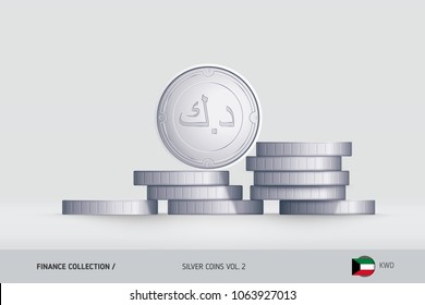 Silver coins. Realistic Kuwaiti Dinar coin standing on stacked coins. Finance concept for websites, web design, mobile app, infographics.