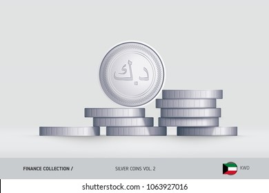Silver coins. Realistic Kuwaiti Dinar coin standing on stacked coins. Finance concept for websites, web design, mobile app, infographics.