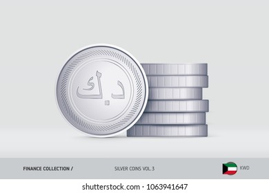 Silver coins. Realistic Kuwaiti Dinar coin standing near of stacked coins. Finance concept for websites, web design, mobile app, infographics.