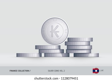 Silver coins. Realistic Lao Kip coin standing on stacked coins. Finance concept for websites, web design, mobile app, infographics.