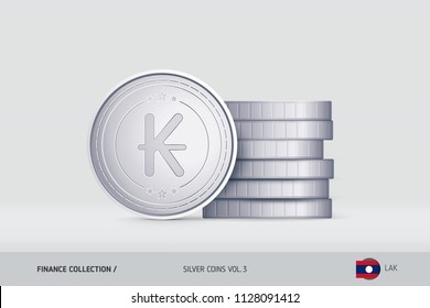 Silver coins. Realistic Lao Kip coin standing near of stacked coins. Finance concept for websites, web design, mobile app, infographics.