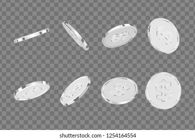 Silver coins. Realistic silver money isolated on a transparent background.