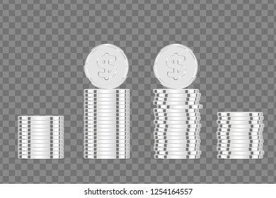 Silver coins. Realistic silver money isolated on a transparent background.