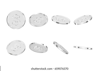 Silver coins. Realistic silver money isolated on white background.