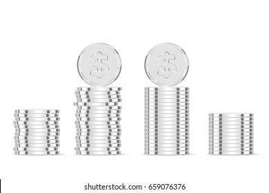 Silver coins. Realistic silver money isolated on white background.