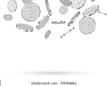 Silver coins. Realistic silver money isolated on white background.