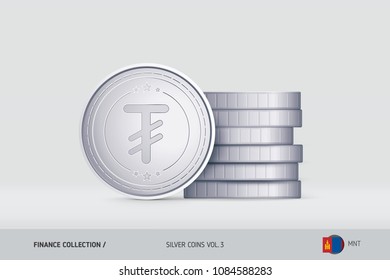 Silver coins. Realistic Mongolian Tugrik coin standing near of stacked coins. Finance concept for websites, web design, mobile app, infographics.