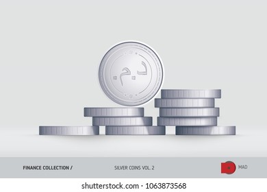Silver coins. Realistic Moroccan Dirham coin standing on stacked coins. Finance concept for websites, web design, mobile app, infographics.