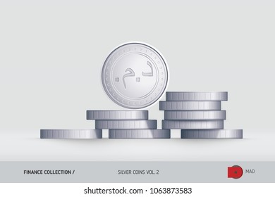 Silver coins. Realistic Moroccan Dirham coin standing on stacked coins. Finance concept for websites, web design, mobile app, infographics.